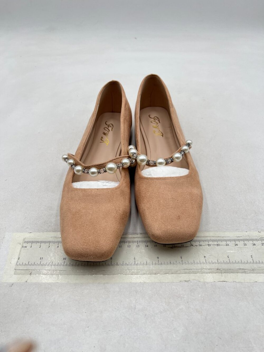 FOWT Nude Square Toe Slip on Flats Pearl Studded Strap Pumps Wedding Shoes - Picture 3 of 8